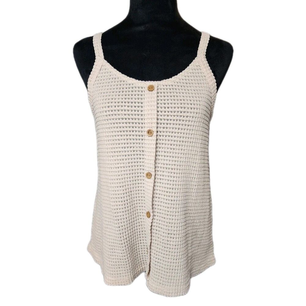 MTS Women's Tank Sz S Oatmeal Waffle Knit Button Accent Layering Capsule Summer